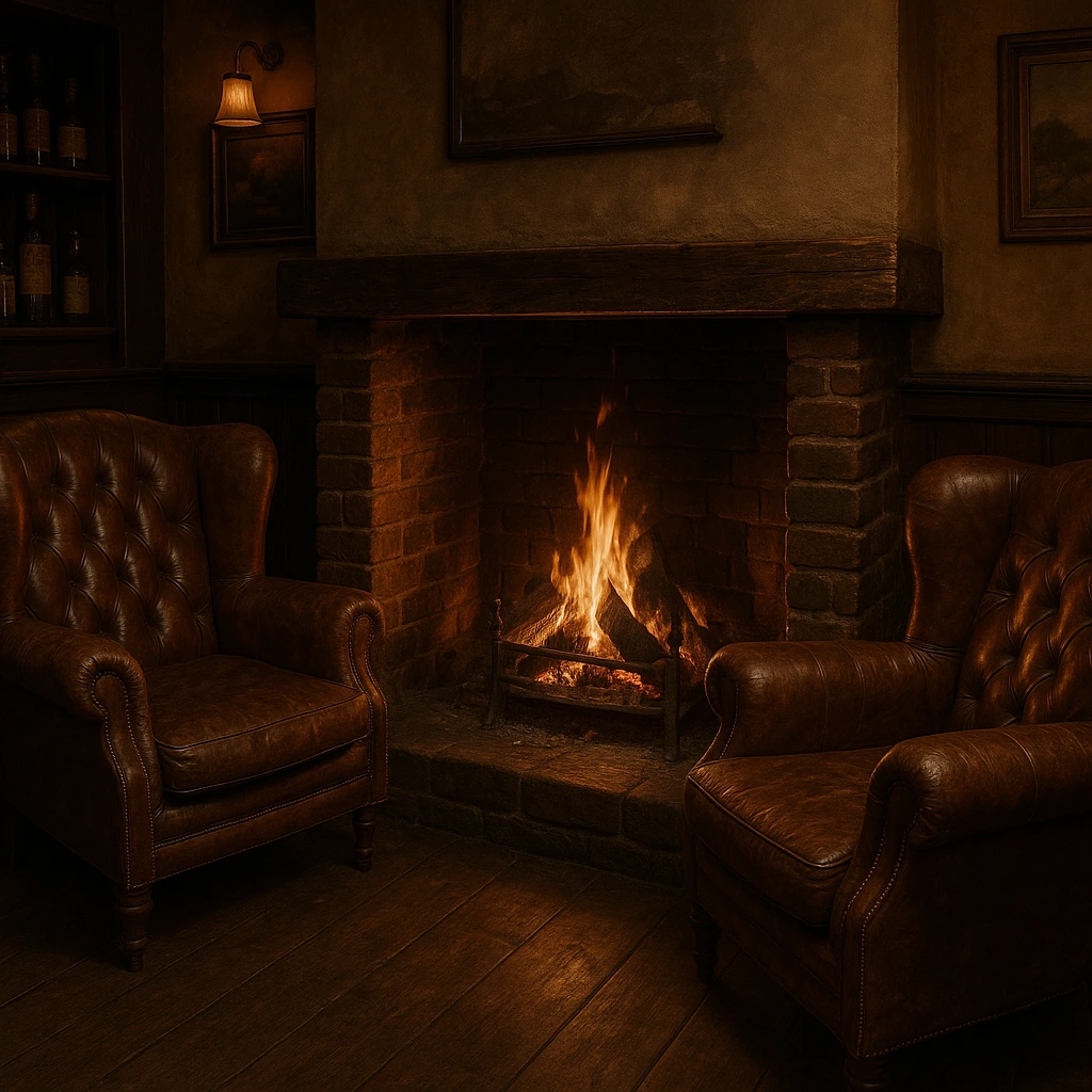 Cosy fireplace corner at London Pub
