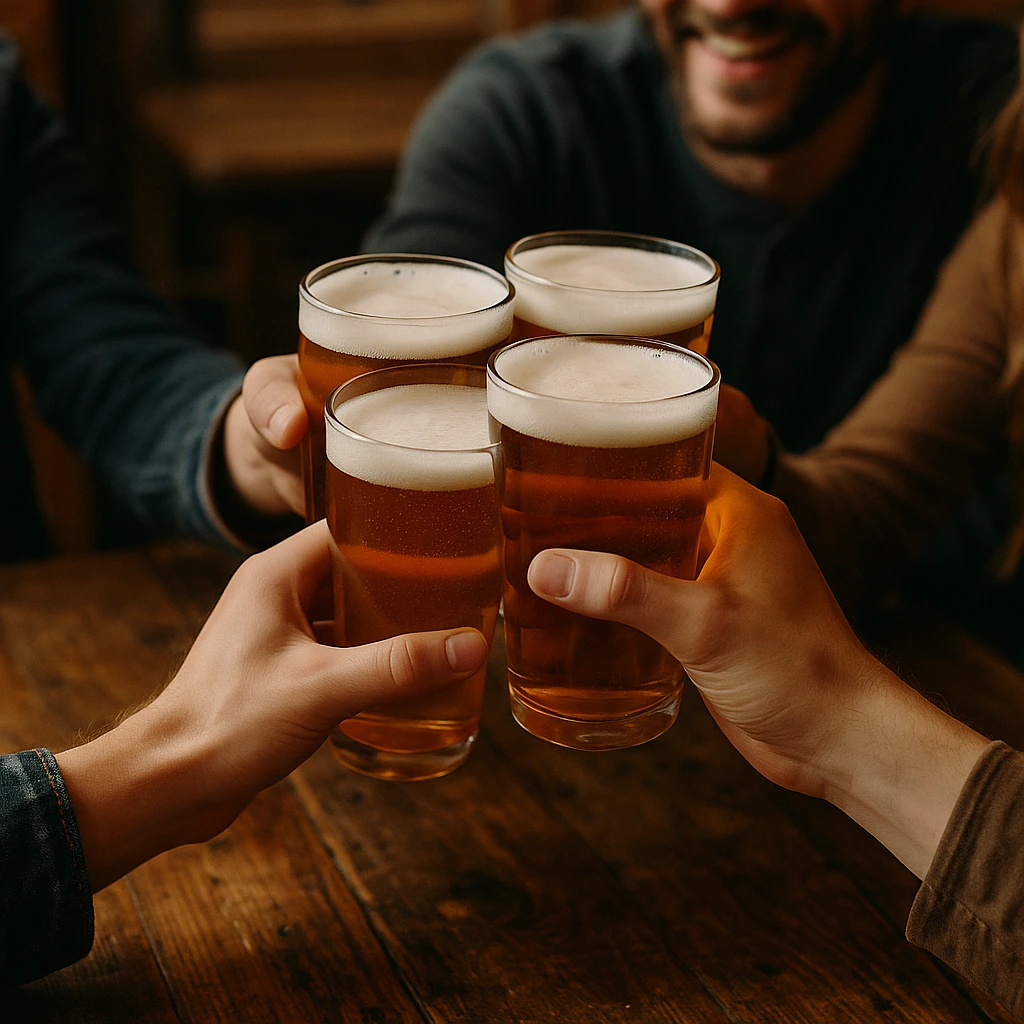 Friends toasting pints at London Pub