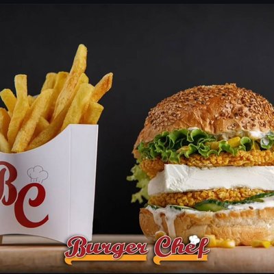 A Burger Chef chicken burger with fries