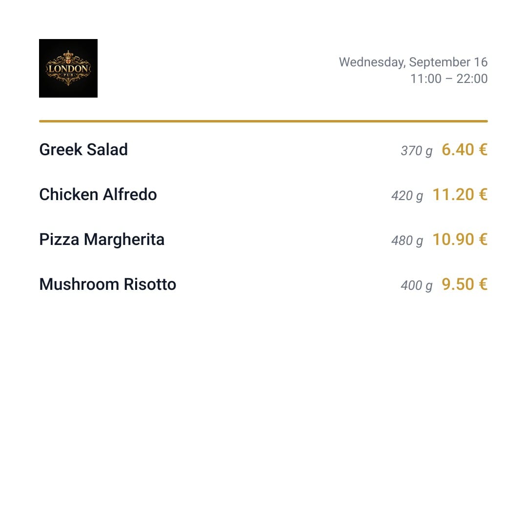 🍽 Today's lunch menu at London Pub — September 16, served 11:00–22:00. See it and order: https://vecheria.com/en/menu