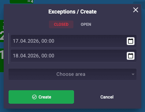 Popup Δημιουργία εξαίρεσης — κατάσταση, διάστημα, ζώνη