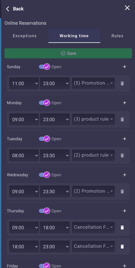 Ωράριο εργασίας: καρτέλες Εξαιρέσεις / Ωράριο εργασίας / Κανόνες